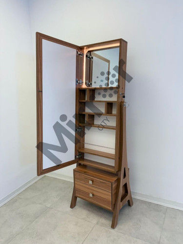 خرید آینه جواهرات قدی چوبی ایستاده با کمد مخفی، کشو و نور LED، آینه قدی جواهرات دار مناسب اتاق خواب مدرن