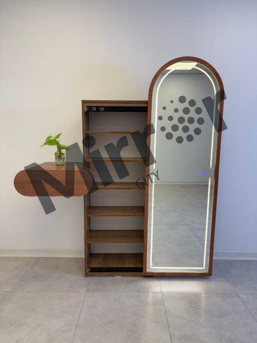 آینه کمدی مدرن با جای کفش مخفی، درب آینهای ریلی ، نور نئونی LED، شلف کاربردی و تنوع رنگبندی مناسب ورودی منزل