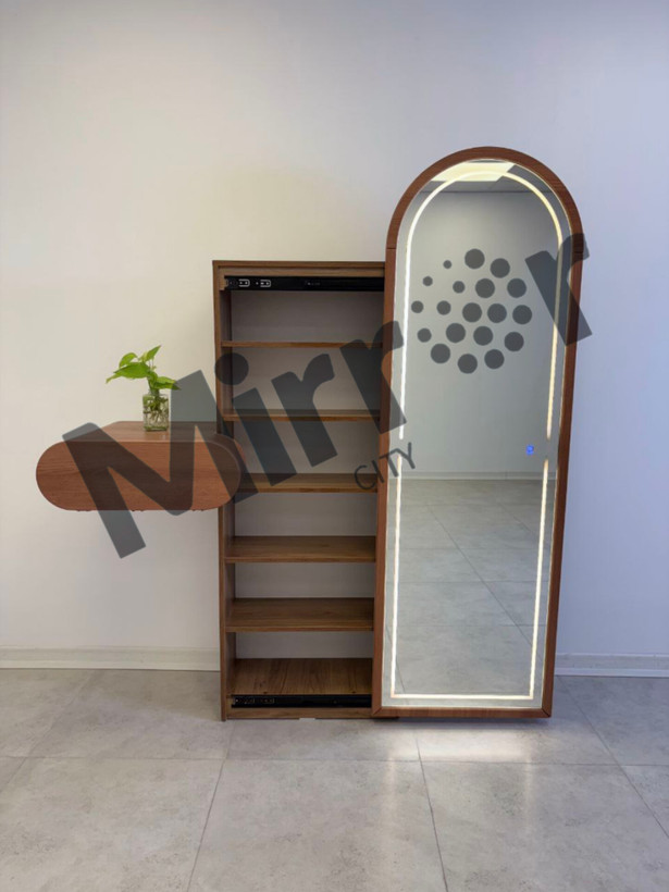 آینه کمدی مدرن با جای کفش مخفی، درب آینهای ریلی ، نور نئونی LED، شلف کاربردی و تنوع رنگبندی مناسب ورودی منزل